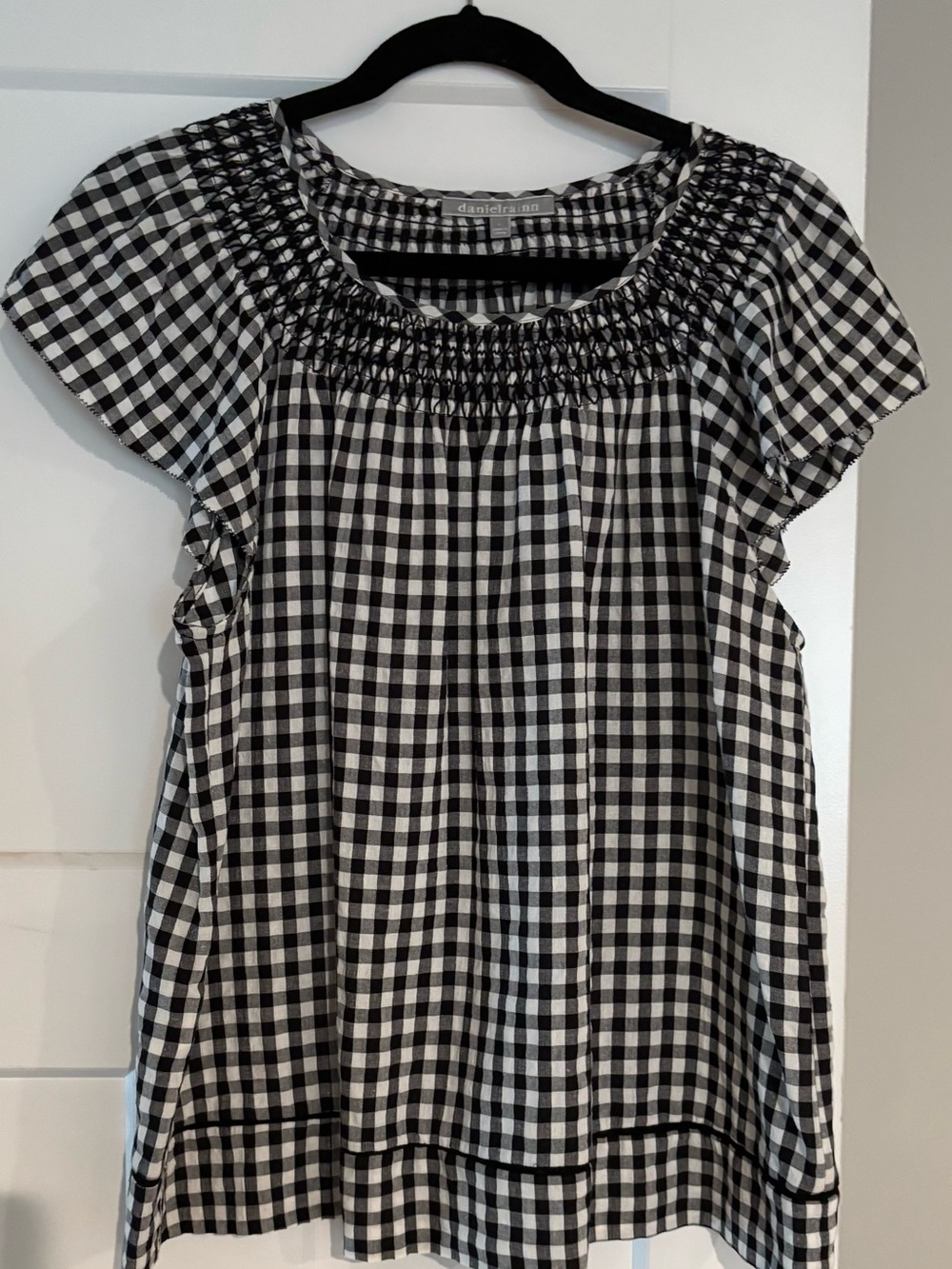 Daniel Rainn Black and White Gingham Smocked Neck Blouse